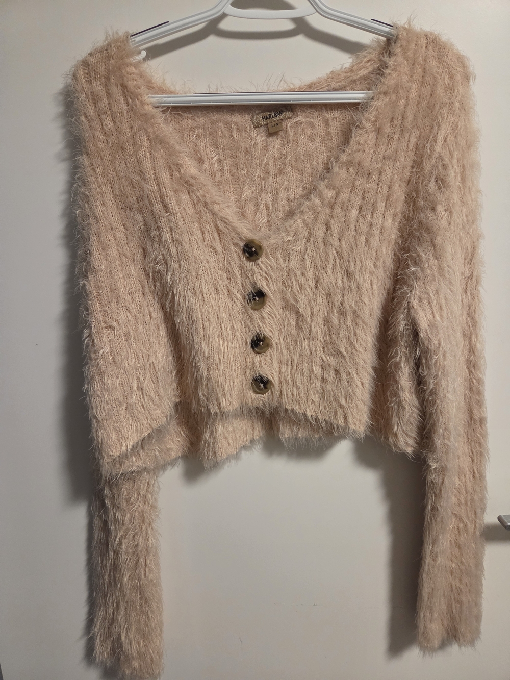 Harlow Soft Blush Fuzzy Button-Front V-Neck Sweater.. Crop